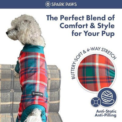 Spark Paws Dog Christmas Pajama, Dog Recovery Suit Male, Onesie, Ultra-Soft and 4-Way Stretch, for Small Medium and Large Breeds - Green and Red Plaid - 3XL