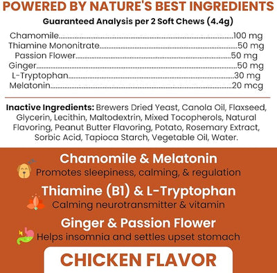 Calming Chews for Dogs - 60 Anxiety Relief Treats for Fireworks, Thunder, and Storms - Natural Dog Calming Treats for Large and Small Breeds with Thiamine, L-Tryptophan, Ginger, and Melatonin