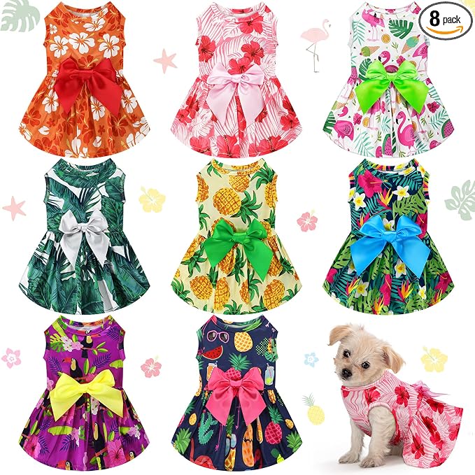 LEIFIDE 8 Pcs Summer Themed Hawaii Dog Dresses Holiday Flamingo Fruit Floral Pattern Pet Skirts Hawaii Puppy Princess Dresses Outfits Bowknot for Girl Dogs Cats Beach(Small)