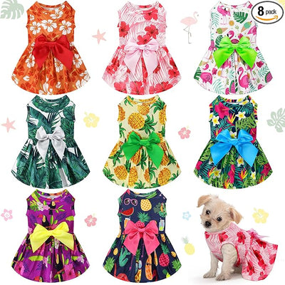 LEIFIDE 8 Pcs Summer Themed Hawaii Dog Dresses Holiday Flamingo Fruit Floral Pattern Pet Skirts Hawaii Puppy Princess Dresses Outfits Bowknot for Girl Dogs Cats Beach(Small)