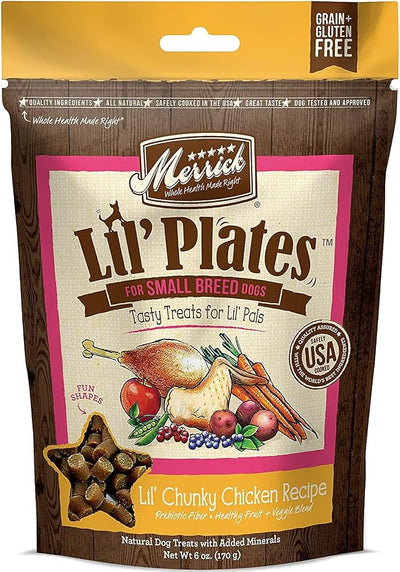 (4 Pack) Merrick Lil Plates Small Breed Natural Grain Free Dog Treats, 5 oz Pouch - Salom, Beef, Turducken, Chicken and 10ct Pet Wipes