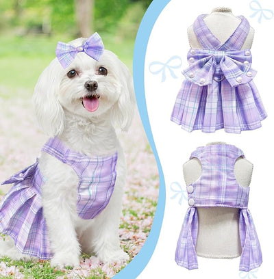 Dog Dress Bowknot Harness Leash Set for Small Dogs Girl Cute Plaid Dog Dress Pearls Bow Tie Spring Summer Princess Clothes Birthday Holiday Doggie Outfits for Puppy Cats Girl (Purple, Medium)