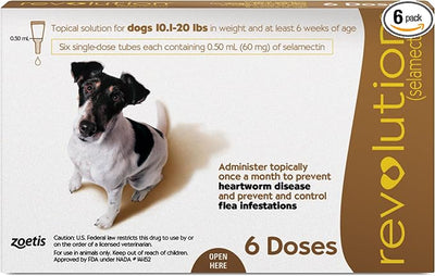 Revolution (selamectin) Topical Solution for Dogs, 10.1-20 lbs (Brown), 6 Tubes