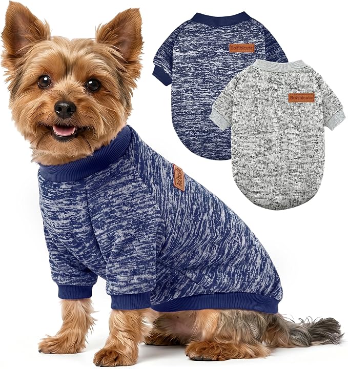 2 Pack Dog Sweaters for Small Dogs Girl Boy Winter Fleece Clothes Warm Soft Dog Sweatshirt Outfit for Dogs Cats Pet Apparel (Grey+Navy Blue, XXS (Back: 7.8",Chest: 11.8", 2.2-3.5lbs))