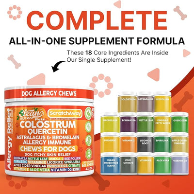 Dog Allergy Chews and Itchy Skin Relief for Dogs | Colostrum Quercetin Astragalus Bromelain | Immune Anti Itch Coat Supplement Aller Ichting Bites Treatment Paw Allergies + Echinacea Nettle Omega 3