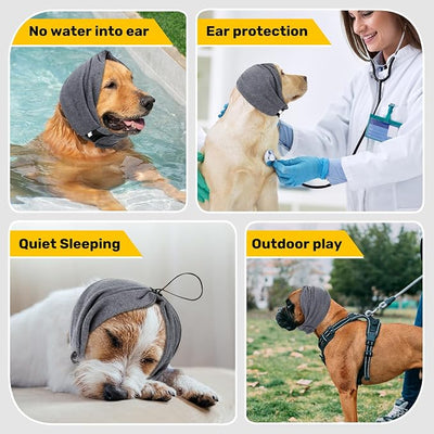 Dog Ear Muffs Noise Reducing Protection, Ear Cover Wraps for Dogs Bath Grooming Drying Swimming Warm Winter,Adjustable Dog Calming Hoodie for Hematoma Anxiety Firework Thunder Sleeping Shower Cap (LG)