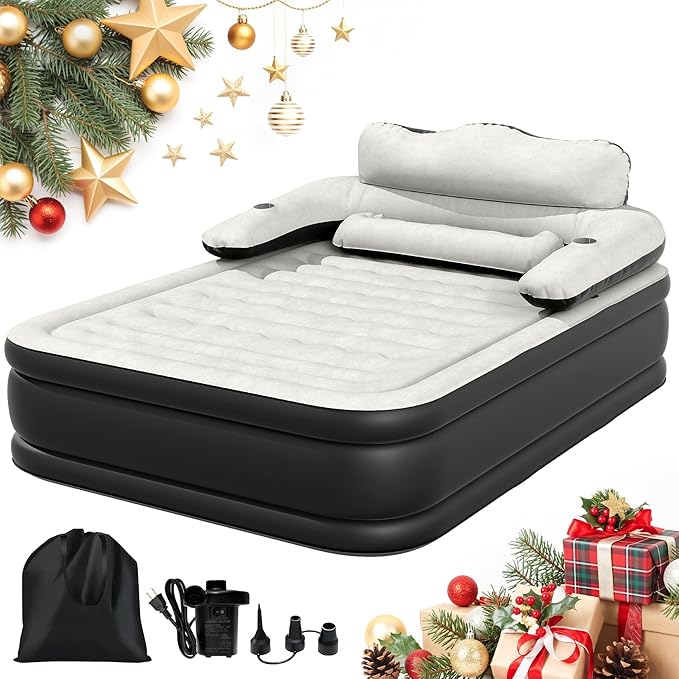 DWVO FullXL Size Air Mattress with Headboard & Cup Holders, Blow Up Bed with Built-in Pump & Carry Bag, Fast Inflation Air Bed for Home, Guests & Camping, 80" x 53" x 18", Gray