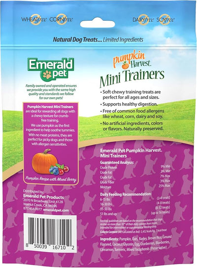 Emerald Pet Pumpkin Harvest Mini Trainers Dog Treats, Mixed Berry Flavor, 6 oz – Chewy Low-Fat Training Treats with Pumpkin, Blueberries & Cranberries – Natural, Wheat-Free, Meat-Free, Made in USA