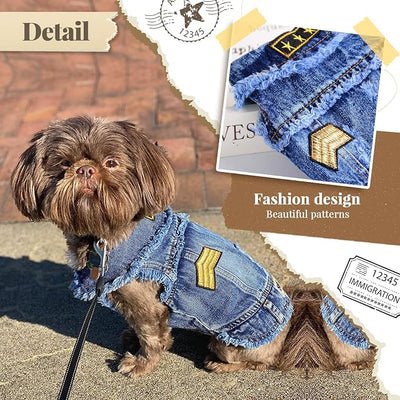 Cool Dog Jean Jacket Small Puppy Outfits Frenchie Clothes Denim Coats for Small Medium Dogs Cats Boys Girls Pet Vest Dog Shirt Clothing Doggy Costume (Blue Print, XS（Suggest 2-4 lbs）)