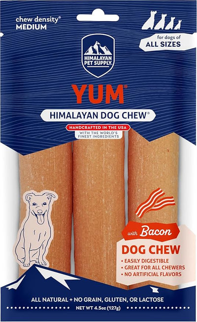 Himalayan Dog Chew Yak Cheese Dog Chews, Lactose Free & Grain Free, USA Made, For All Dog Breeds, Medium Density Cheese Chew, Resealable Pouch with 3 YUM Treats, Bacon Flavor