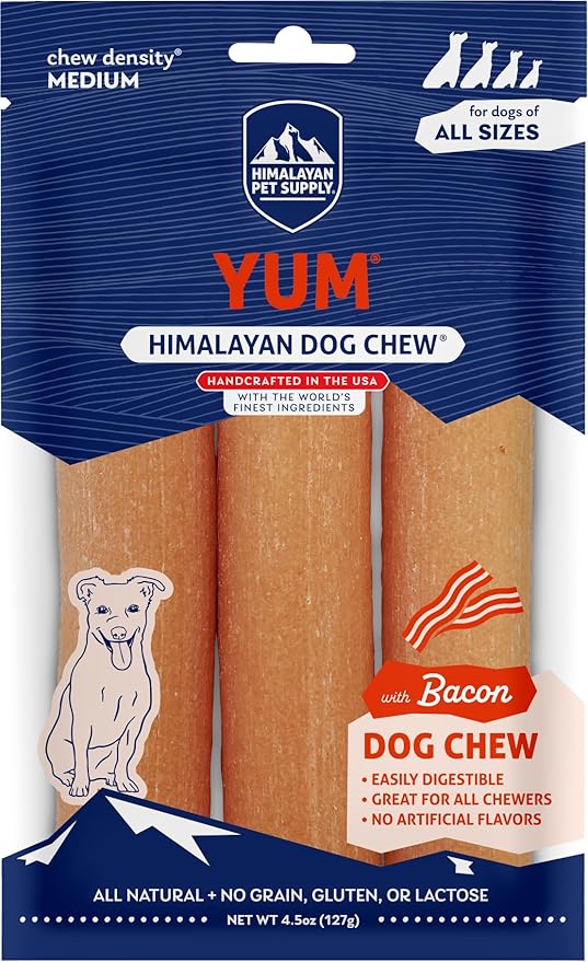 Himalayan Dog Chew Yak Cheese Dog Chews, Lactose Free & Grain Free, USA Made, For All Dog Breeds, Medium Density Cheese Chew, Resealable Pouch with 3 YUM Treats, Bacon Flavor