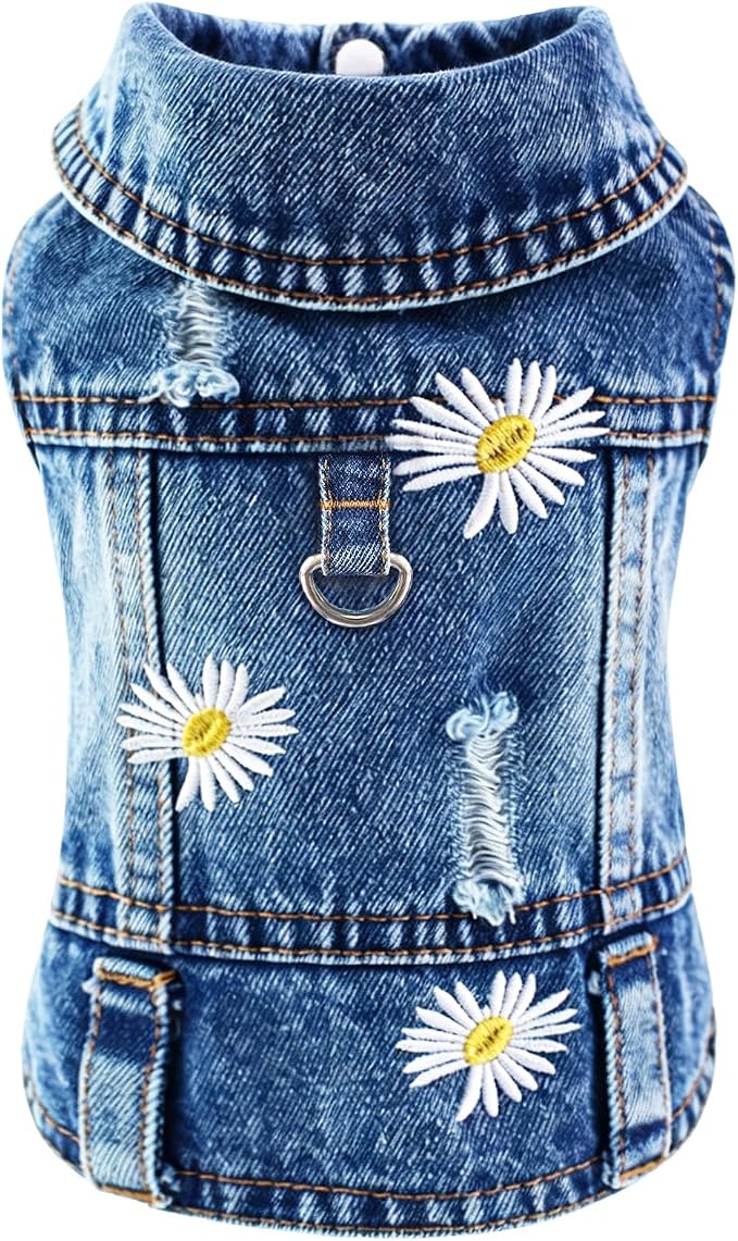 Dog Jean Jacket, Blue Denim Shirt Classic Lapel Vest Coat Costume Puppy T-Shirt, Comfort Tank Top Cool Apparel, Washed Pet Clothes for Dogs Boy Girl (Daisy Meadow with D-Ring, Large)