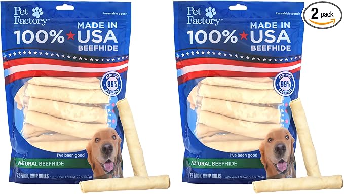 Pet Factory 100% Made in USA Beefhide Chip Rolls Dog Rawhide Chews,Thick,Dog Chews Long Lasting from American Cattle,Dog-Chew Bones,5 Inches,22 Count (Pack of 2)