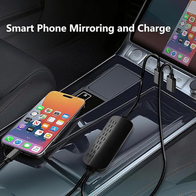 Car Screen Mirroring Adapter with Wireless CarPlay - Supports Watching Any App (YouTube, Net-flix, TikTok, etc.), Siri Control & Phone Charging, Compatible with Factory-CarPlay Equipped Vehicles.