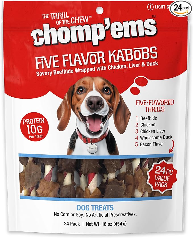 CHOMP 'EMS Five Flavor Kabobs Dog Treats - Beefhide Chewstick - High Protein Dog Chews, 24 Count, 16 oz,454g