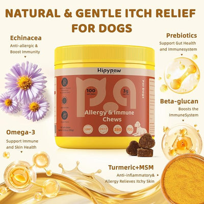 Dog Allergy Relief Chews: Anti-Itch Probiotics for Paw Licking, Seasonal Allergies & Skin Allergy - Dog Allergy Itching Skin Relief & Immune Support with MSM & Turmeric - Chicken Flavor