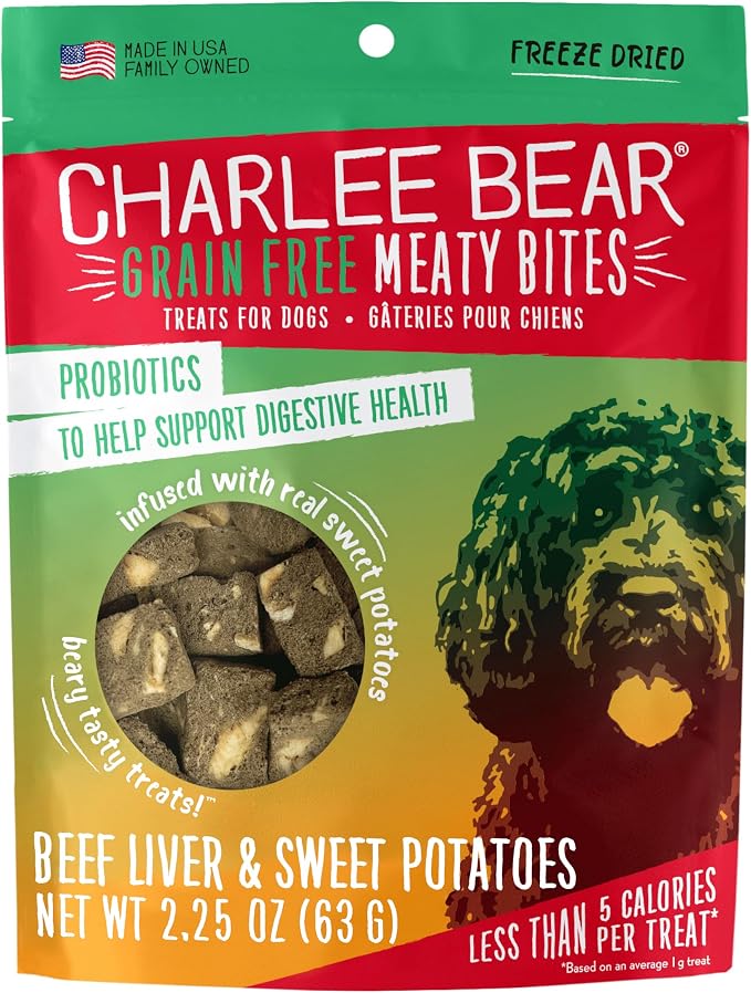 Charlee Bear Grain Free Freeze-Dried Dog Treats, Beef Liver & Sweet Potato, High Protein, Limited Ingredient Training Treats or Meal Topper, 2.25 oz, Made in USA