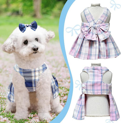 Dog Dress Bowknot Harness Leash Set for Small Dogs Girl Cute Plaid Dog Dress Pearls Bow Tie Spring Summer Princess Clothes Birthday Holiday Doggie Outfits for Puppy Cats Girl Apparel (Pink, X-Large)