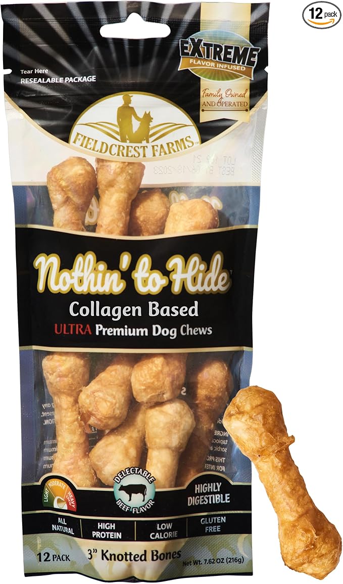Fieldcrest Farms Nothin' to Hide 3 inch Ultra Knotted Bone Treats - Natural Rawhide Alternative Treats for Dogs, Collagen Based Snack for Heavy Chewers up to 15lbs - Beef Flavor, 12 Pack
