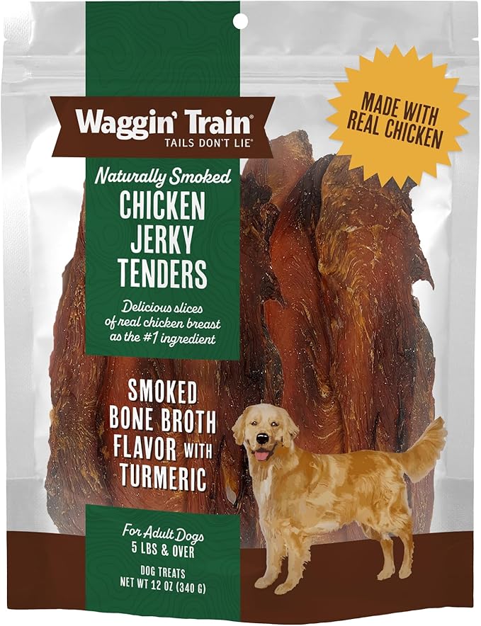Waggin' Train Smoked Chicken Jerky Tenders for Dogs with Turmeric and Human Grade Bone Broth, Grain and Corn Free, High Protein, Premium Limited Ingredient 100% Real Chicken Dog Treats, 12 oz. Pouch