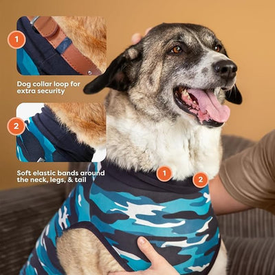 Suitical Recovery Suit for Dogs | Spay and Neutering Dog Surgery Recovery Suit for Male or Female | Soft Fabric for Skin Conditions and Light Incontinence | 3XS Neck to Tail 8.7”-13.8” Blue Camouflage
