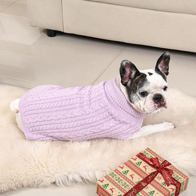 Dog Sweater 2 Pack for Medium Dogs, Size L, Pink & Purple | Stretchy cable knit turtleneck, machine washable, high belly cut, comfy winter fit for French Bulldog, Corgi