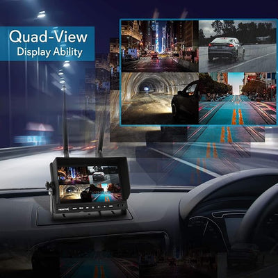 Pyle Wireless Backup Rearview Dash Camera - Waterproof Car Parking Rear View Reverse Safety Vehicle Monitor System W/Quad View 7” Video LCD, DVR Recording, Night Vision - Remote Control - PLCMTR83QIR