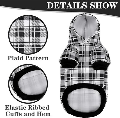 EXPAWLORER Plaid Dog Hoodie - British Style Warm Dog Sweater Shirt with Leash Hole,Pitbull Clothes Outfits,Winter Coat Apparel for All Breeds Puppy Girl Boy-Cat Apparel,Black & White Large