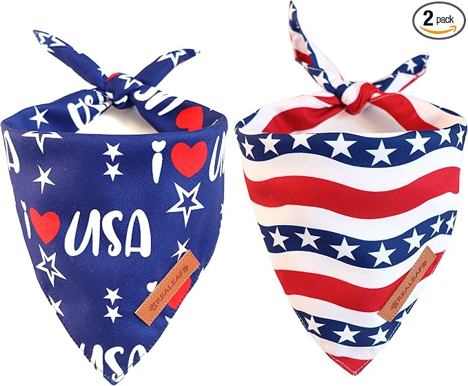 Realeaf 4th of July Dog Bandanas 2 Pack, Triangle Reversible American Flag Pet Patriotic Scarf for Boy and Girl, Premium Durable Fabric, USA Bandana for Small and Medium Dogs (Small)