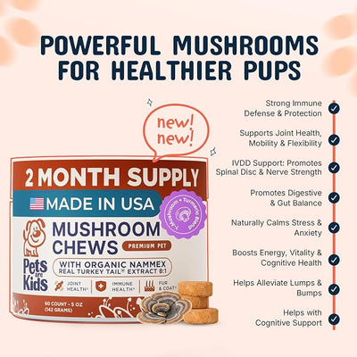 Pets are Kids Turkey Tail Mushroom for Dogs with Organic Real Turkey Tail™ - 8:1 Extract Mushroom Chews for Immune System Health, Gut, Skin & Joint Support - Reishi, Lion's Mane - 60 Chews
