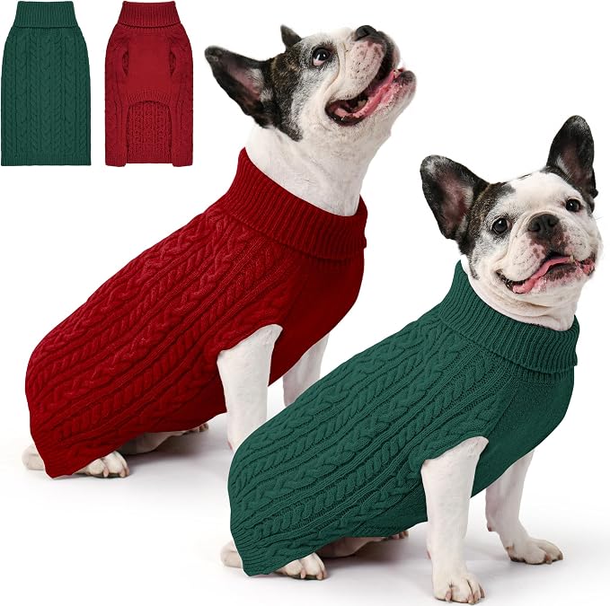 Dog Sweater 2 Pack for Medium Dogs, Size M, Red & Green | Stretchy cable knit turtleneck, machine washable, high belly cut, comfy winter fit for French Bulldog, Pug