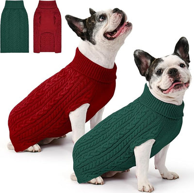 Dog Sweater 2 Pack for Medium Dogs, Size M, Red & Green | Stretchy cable knit turtleneck, machine washable, high belly cut, comfy winter fit for French Bulldog, Pug