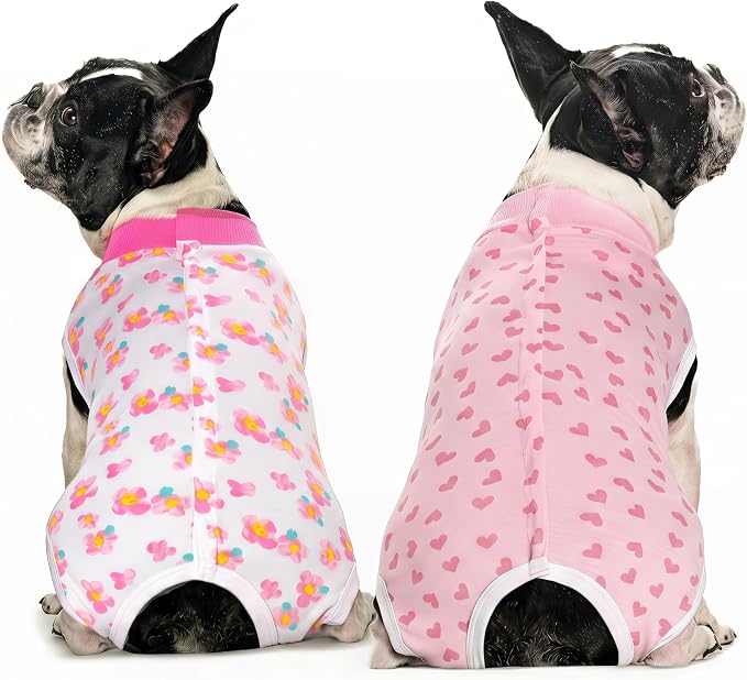 2 Packs Pet Dog Recovery Onesie Suit for Dogs Cats After Surgery,Dog Abdominal Wounds Bandages Cone E-Collar Alternative. (White Flower, XS)