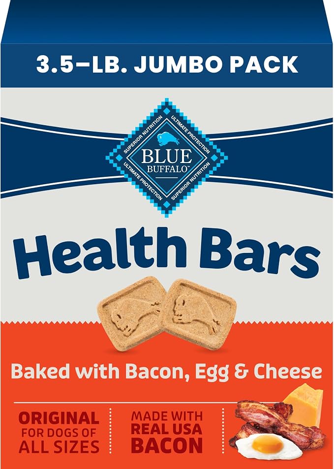 Blue Buffalo Health Bars Bacon, Egg & Cheese Crunchy Dog Biscuits, Oven-Baked with Real Bacon & Natural Ingredients, Healthy Dog Treats with No Artificial Flavors or Preservatives, Jumbo Box 3.5 lbs.