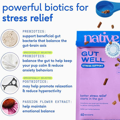 GutWell Stress Support - Dog Anxiety Relief & Calming Treats - Tasty Food Topper for Dog Stress and Anxiety Relief - Support Gut-Brain Axis with Triple-biotic Blend & Magnesium - 120 Scoops
