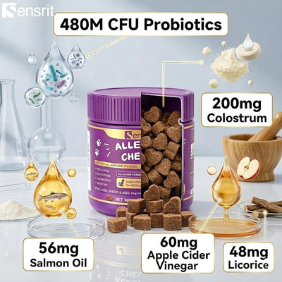 Allergy Relief Immune Supplement for Dogs - with 480M CFU Probiotics, Colostrum & Salmon Oil - Soft Chews for Seasonal Itch, Hot Spots & Paw Licking - 90 Chicken Flavored Treats