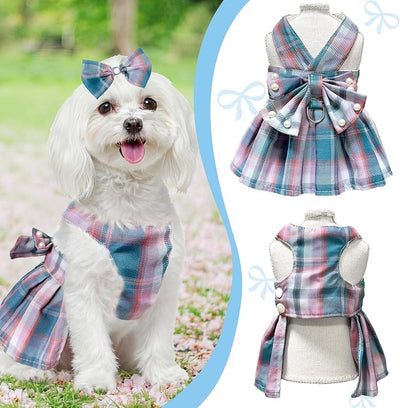 Dog Dress Bowknot Harness Leash Set for Small Dogs Girl Cute Plaid Dog Dress Pearls Bow Tie Spring Summer Princess Clothes Birthday Holiday Doggie Outfits for Puppy Cats Girl (Lake Blue, Large)