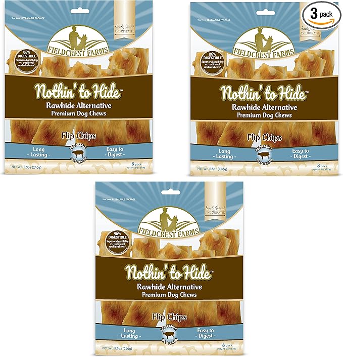 Fieldcrest Farms Nothin to Hide Flip Chips Dog Chews - Natural Rawhide Alternative Treats for Dogs, Chicken, Beef or Peanut Butter Flavor Snack for All Breed Dogs - 3 Pack (Beef)