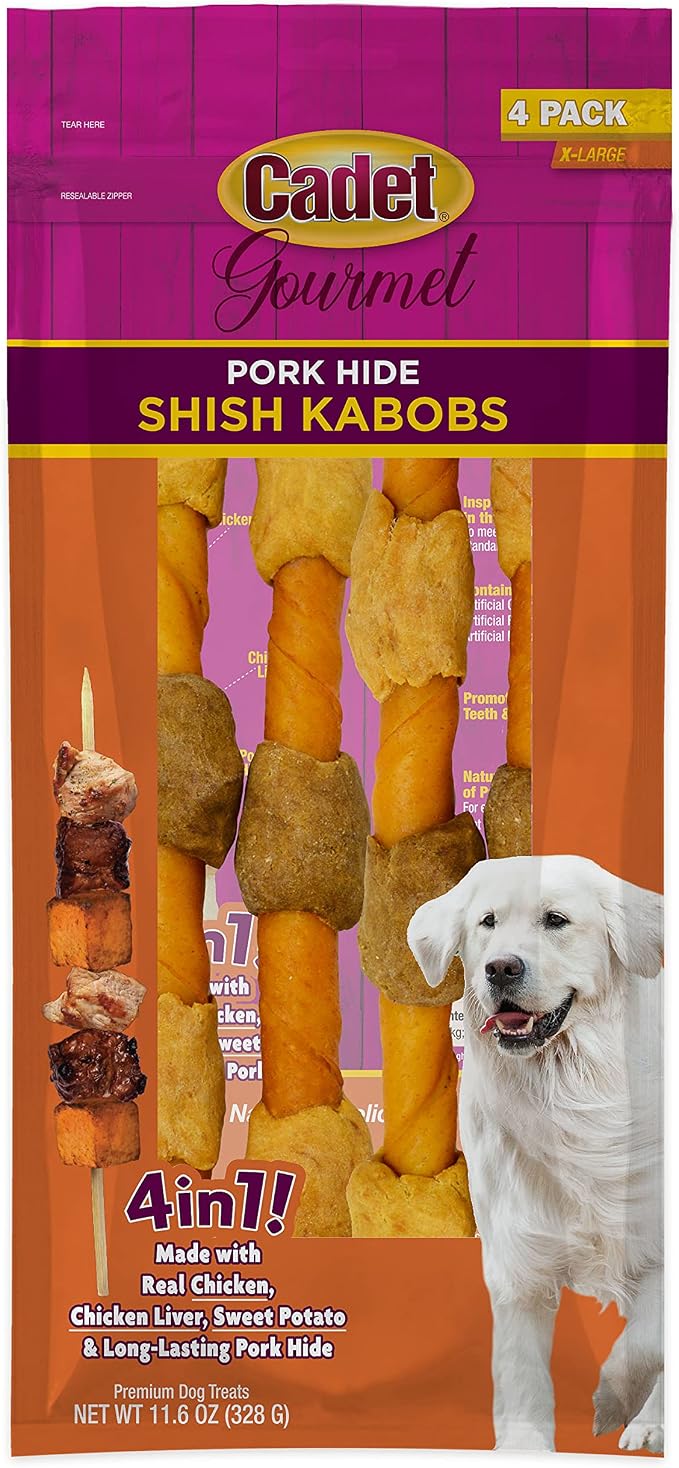 Cadet Gourmet Shish Kabob Dog Chews for Large Breeds, Rawhide Treats for Dogs with Chicken and Sweet Potato, Healthy & Natural Pork Hide, 10-Inch Sticks, 4 Count