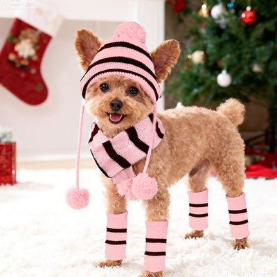 cnomg Winter Dog Hat Warm Knitted Pet Hat with Ear Holes 12Pcs Dog Hat Scarf Set with Leg Warmers for Dog Between 15-20 lbs