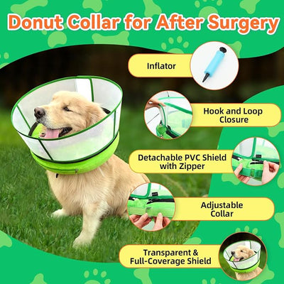 Upgraded Inflatable Dog Cone Collar with Transparent Anti-Licking Shield, Adjustable Elizabethan Collar for Medium Large Dogs, 2-in-1 Design with Detachable Shield and Soft Padding (M, Lime)