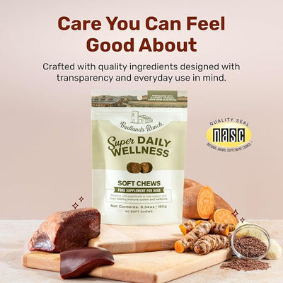Badlands Ranch Super Daily Wellness Soft Chews for Dogs – Superfood Blend with Flaxseed, Turmeric & Lion’s Mane Mushroom – 60 Soft Chews