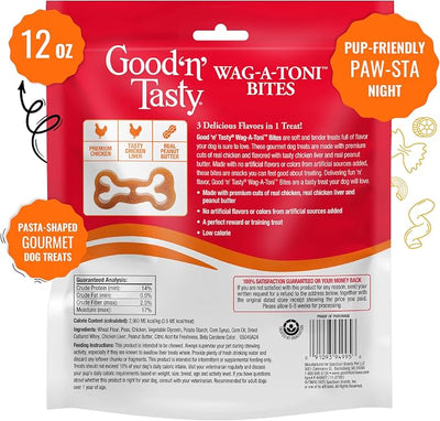 Good ‘n’ Tasty Triple Flavor Wag-A-Toni Bites, Low-Calorie Pasta-Shaped Dog Treats, Made with Real Chicken, Tasty Chicken Liver & Real Peanut Butter, Perfect Reward or Training Treat, 12 oz