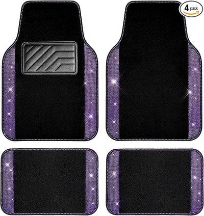 CAR PASS Bling Rhinestones Diamond Car Floor Mat, Crystal Sparkly Shining Glitter Carpet, Waterproof Anti-Slip PVC Heel Pad Universal Fit Interior Set SUV,Sedan,Van,4pcs Girl Women Men Violet Purple