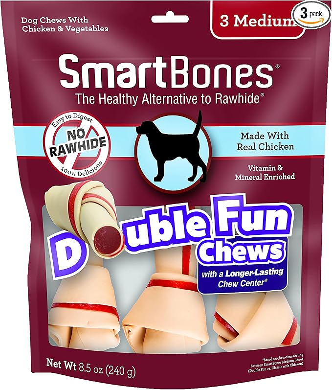 SmartBones DoubleTime Chews 3 Count, Medium, Rawhide-Free Chews For Dogs With Long-Lasting Chew Center