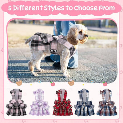 Coppthinktu Plaid Dog Dresses for Small Dogs Girl Bowknot Harness Leash Set, Cute Small Dog Dress Harness Cat Clothes Female with Pearl Bow Hair Clip, Summer Puppy Dress Yorkies Chihuahua Outfits