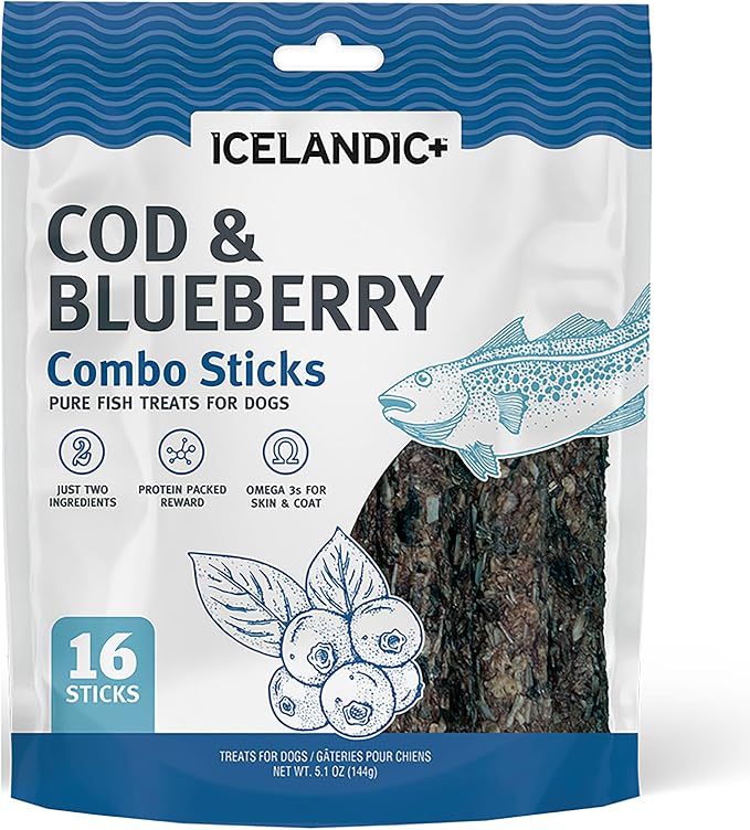 Icelandic+ Combo Sticks: Cod & Blueberry - 16ct, 5.1oz Bag - Dog Treats, 2 Ingredient Pet Snacks, Wild Caught Fish, Slow Baked, Crunchy Natural Chews