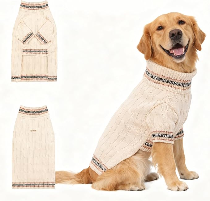 Small/Medium Dog Sweater, Warm Dog Winter Coat w/Sleeves, Comfortable High Neck & Leash Hole, Premium Dog Clothes for Golden Retriever-Best for Holidays, Daily Walks XXL White