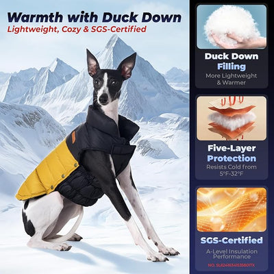 SPACE LION Dog Puffer Jacket, Down Winter Coat, Durable Outdoor Coat for Cold and Windy Conditions, Lightweight & Adjustable Fit Coats for Medium & Large Dogs, (BlackKhaki, Size20/XL)