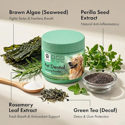 Dog Dental Powder, Pet Tartar and Plaque Remover for Teeth, Dog Breath Freshener, Tooth Cleaning Powder with Probiotics and Brown Algae for Dogs of All Breeds and Sizes, Duck Flavor